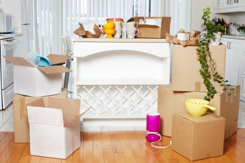 A cluttered kitchen area in a residential property with a white breakfast bar or kitchen island at the center, surrounded by various packed and unpacked cardboard boxes of different sizes, some open with packing paper, plastic containers, and household items visible inside. A yellow mixing bowl, a pink speaker, and an electric plug are placed on or near the boxes on the floor. The background features a bright kitchen with white cabinetry, a countertop, and a window with light curtains allowing natural daylight to illuminate the scene. The floor is made of medium-tone wooden planks. Greenery from a potted plant is visible on the right side, adding a touch of natural decor. Overall, the scene suggests preparation for a house move, with Tufnell Park Man with Van’s removals service scene in a typical UK residence in N7 postal district, emphasizing household packing, loading, or unpacking activities during a relocation process.