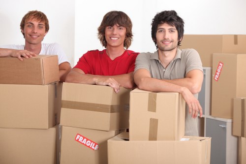 The image shows three young men in casual clothing, smiling and standing behind a collection of cardboard moving boxes in an indoor setting, likely a residential property. The boxes vary in size and are sealed with brown packing tape, with some labeled as fragile. The background includes a white wall, indicating a clean, organized space, possibly a hallway or living room area. The men are positioned in front of the boxes, with one on the left wearing a white t-shirt, the middle in a red shirt, and the right in a light grey polo shirt. They appear to be engaged in a house removal or moving process, aligning with services offered by Tufnell Park Man with Van. The scene captures the preparation or loading phase of a local house removal, with a focus on the household items being packed and ready for transportation in the Tufnell Park area, suggesting professional removals support for local residents.