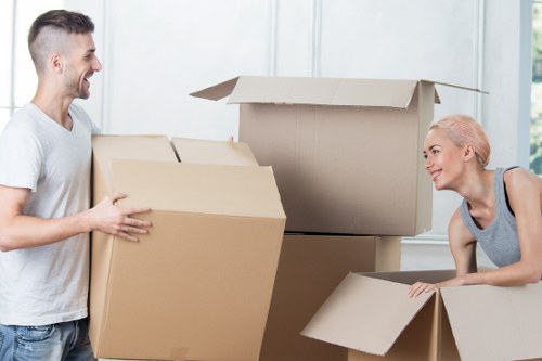 A young man and woman engaged in a house move indoors, surrounded by several large cardboard moving boxes. The man, standing on the left, is smiling and wearing a light grey T-shirt, holding a medium-sized cardboard box. The woman, seated on the right, is smiling as she leans on an open box, with platinum blonde hair tied back and wearing a grey sleeveless top. Behind them, there are more cardboard boxes stacked, some closed and others open, revealing their empty interiors. The setting appears to be a bright, modern residential interior with white walls and large windows that let in natural daylight. The scene captures a typical moment of packing or unpacking during a house removal, reflecting the professional services of Tufnell Park Man with Van, based near the N7 postcode district in London, within a comfortable and organized environment suitable for a house removals service in the Tufnell Park area.