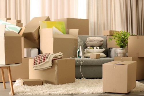 The image shows a living room filled with an assortment of cardboard moving boxes in various sizes, some open and others sealed, arranged across a beige carpeted floor. A light grey fabric sofa is positioned against a wall with closed beige curtains in the background, partially obscured by the boxes. Several items are visible on the sofa, including folded blankets, cushions, and a small white box. A potted green plant is placed on one of the boxes on the right side of the image. In the foreground, a wooden stool with a round top is partially visible. The scene appears to be in the process of a house move, with household belongings packed, ready for transportation, and the setting indicates a residential interior typical of a property in north London, such as Tufnell Park. Tufnell Park Man with Van specializes in removals services, and this scene illustrates the logistics involved in an organized household move within the London area, emphasizing the careful packing and preparation involved in safe and efficient relocations.