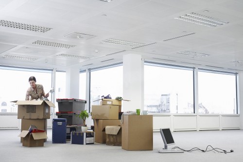 An office space scene with a woman organizing or packing items amidst a collection of cardboard boxes, some open and filled with various objects. Several boxes are stacked on the floor, with different textures and finishes such as plain brown cardboard and some with rebranded labels. The woman is standing behind a box and appears to be writing or sorting papers. To her right, a small potted plant adds a touch of greenery to the environment. The office has large windows along the back wall, offering a view of a cityscape with buildings, and allowing natural light to brighten the scene. The ceiling features a grid of bright fluorescent lights, and electrical cords are visible on the carpeted floor, adding to the professional atmosphere. This setup could depict a moving or packing process in a commercial office within the Tufnell Park or nearby London area, reflecting typical household or office relocation activities associated with professional removals services by Tufnell Park Man with Van.