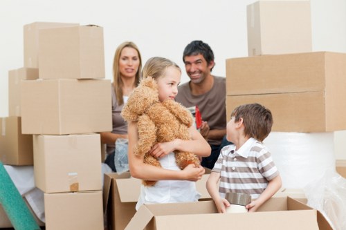 In a bright, spacious room with white walls, a young woman with long blonde hair is holding a small, light-brown teddy bear while smiling at a young boy with short dark hair, who is standing inside an open cardboard box. Next to them, a man with dark hair and a broad smile is observing, suggesting a family engaged in packing or unpacking during a house move. The scene is surrounded by several large cardboard boxes, some stacked and others placed on the floor, all in various shades of brown. The boxes are sealed with packing tape, and some contain visible household items like books or small appliances. Natural lighting enters the room, emphasizing the clean, uncluttered environment typical of a residential property in Tufnell Park, London. This image captures the process of a house removal carried out professionally, with a focus on family and safety as part of the house removals service by Tufnell Park Man with Van, reflecting a friendly and efficient moving experience in North London.